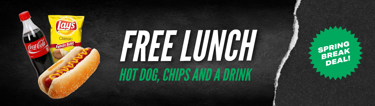 Banner displaying free lunch including hot dog, chips and drinks.