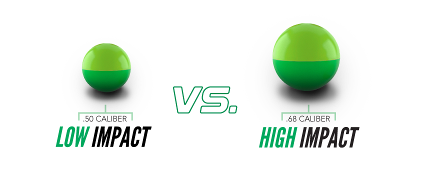 Low Impact vs High Impact paintball size comparison