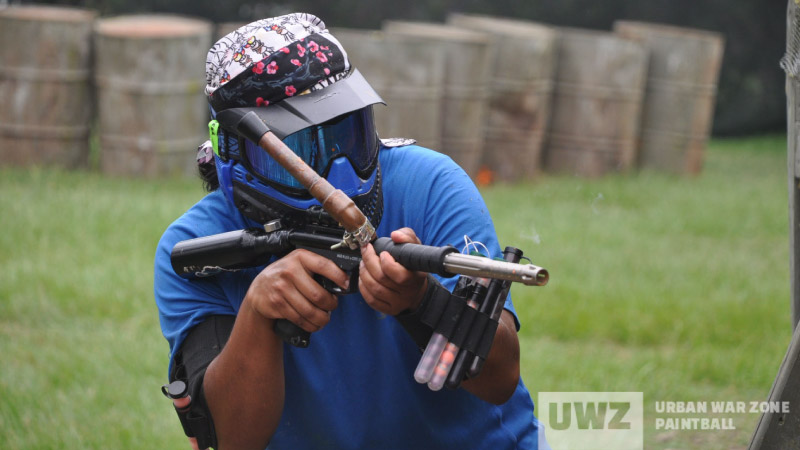 Player taking aim with marker at the May 2023 Pump League event at Urban War Zone