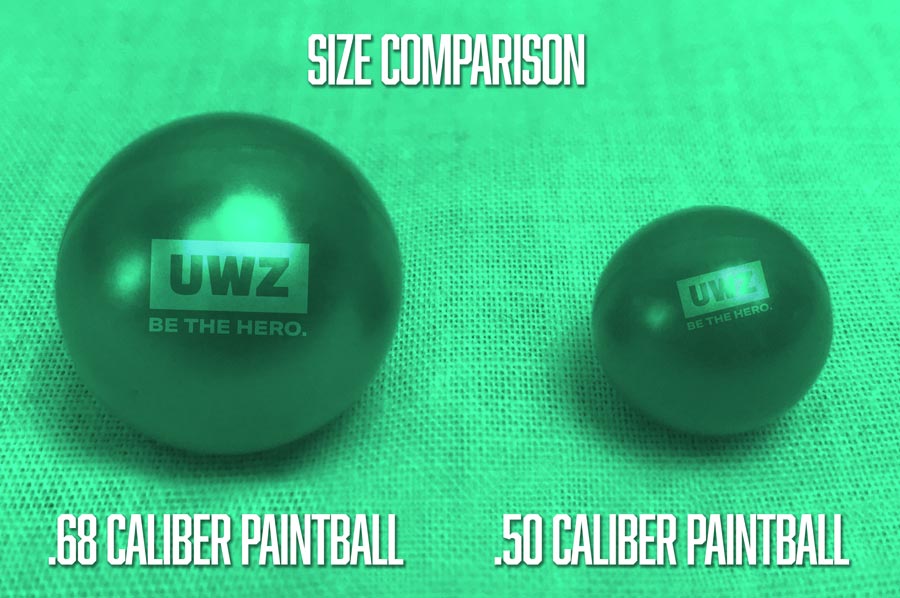 Paintball size comparison. 68 caliber on the left, 50 caliber on the right.